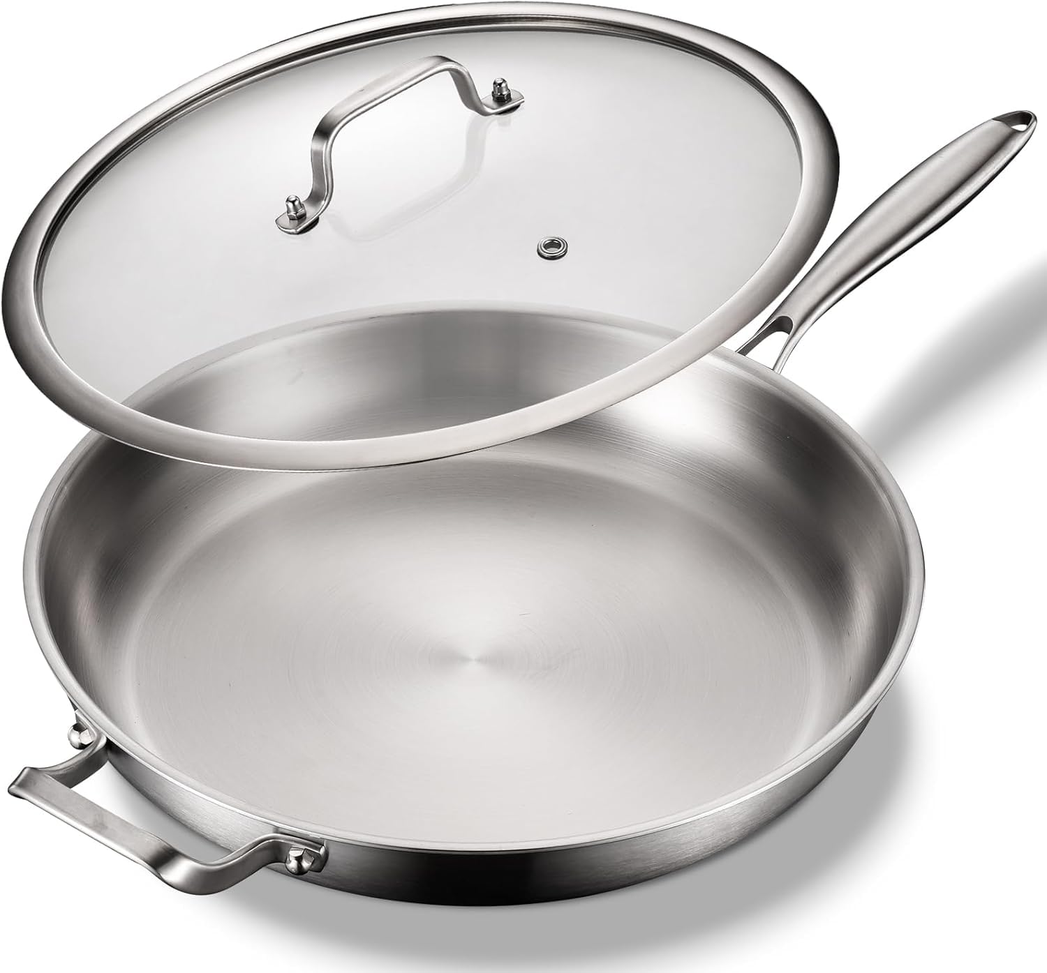 Padella in acciaio inox da 36 cm, con coperchio e manici: padella a 3 strati, adatta al forno fino a 400 °C, riscaldamento rapido e uniforme, grande superficie di cottura, 14,2 pollici in acciaio inox