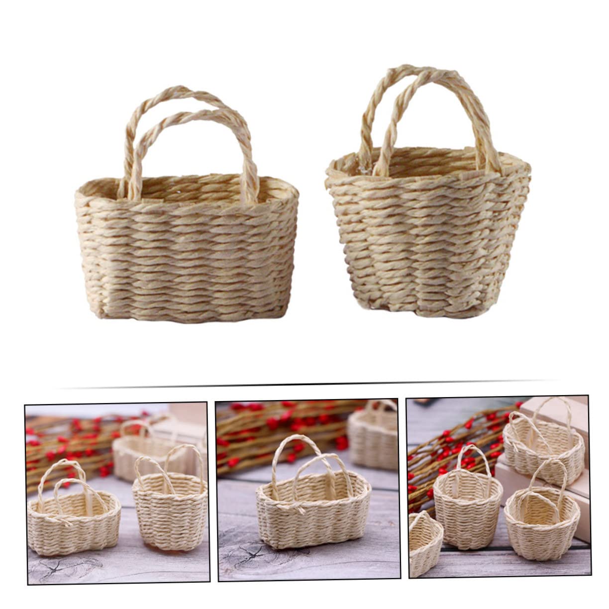 Toyvian 2 Pcs Miniature Storage Basket, Small Bamboo Flower Basket with Handles - Image 4