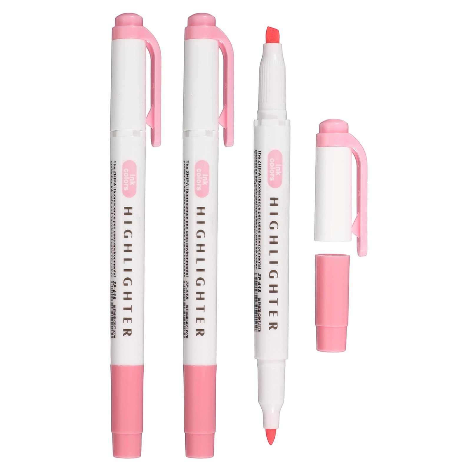 PATIKIL Highlighter Pen, 3 Pack Double Ended Highlighter Broad and Round Tips Marker Pens Studying Supplies for Office Home Daily Use, Light Pink