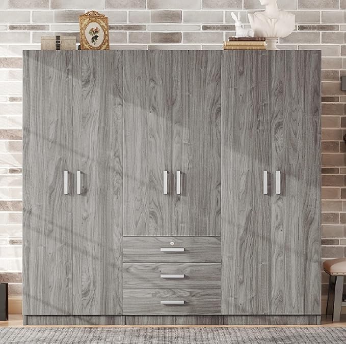 Armoire Wardrobe Closet, Large Wardrobe Closet with 6 Doors, Bedroom Tall Armoire with Big Drawers, Hanging Rails and Shelves, Easy Assembly (Gray)