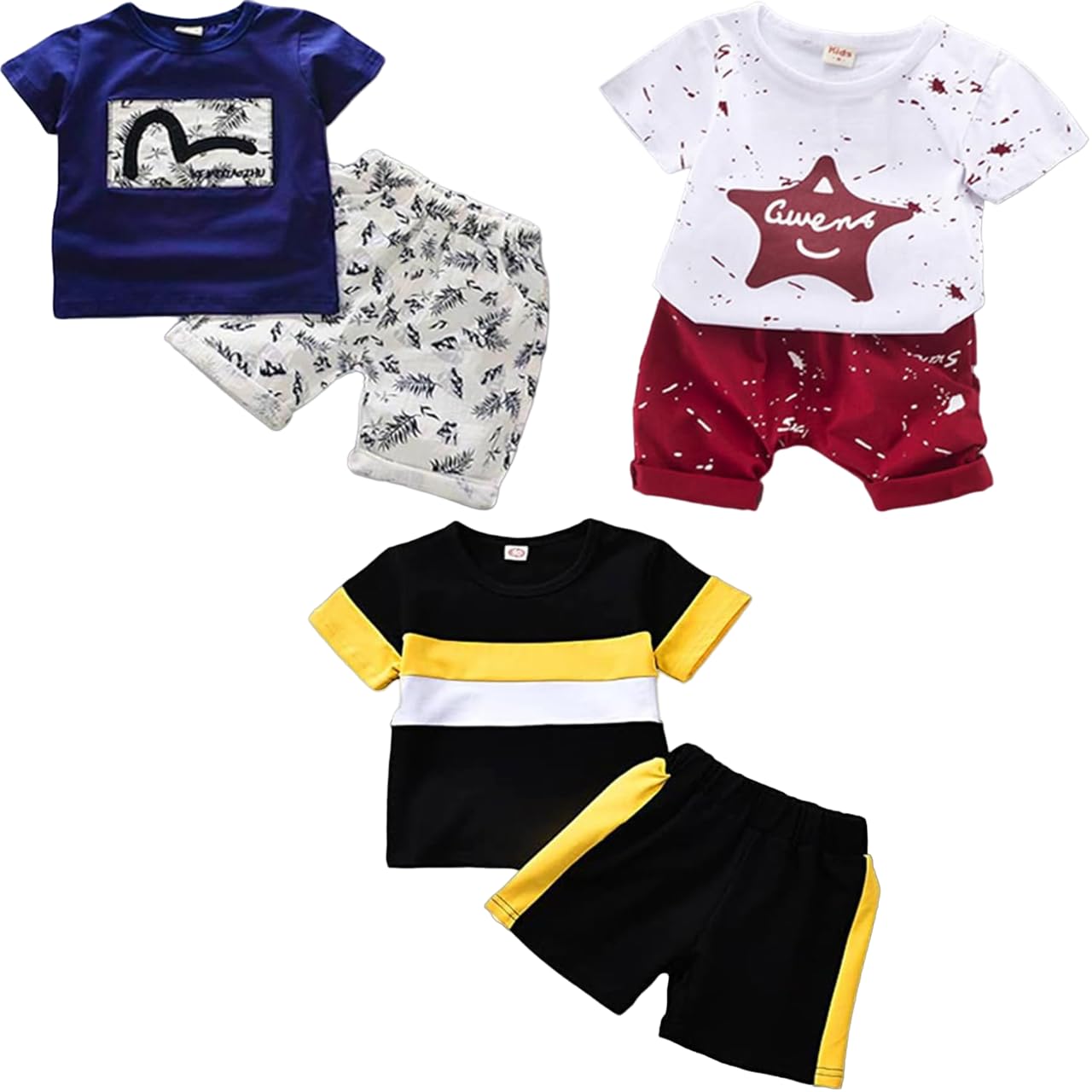 LOFNCotton Clothing Sets For Baby Boys & Baby Girls Pack Of 3 - Unisex Clothing Sets Half Sleeve Regular Fit T-Shirt & Shorts Pack Of 3 (Kdst2-Afwh-Kdst9-Whrd-22-Kdst33-Blmtwh), Multicolour