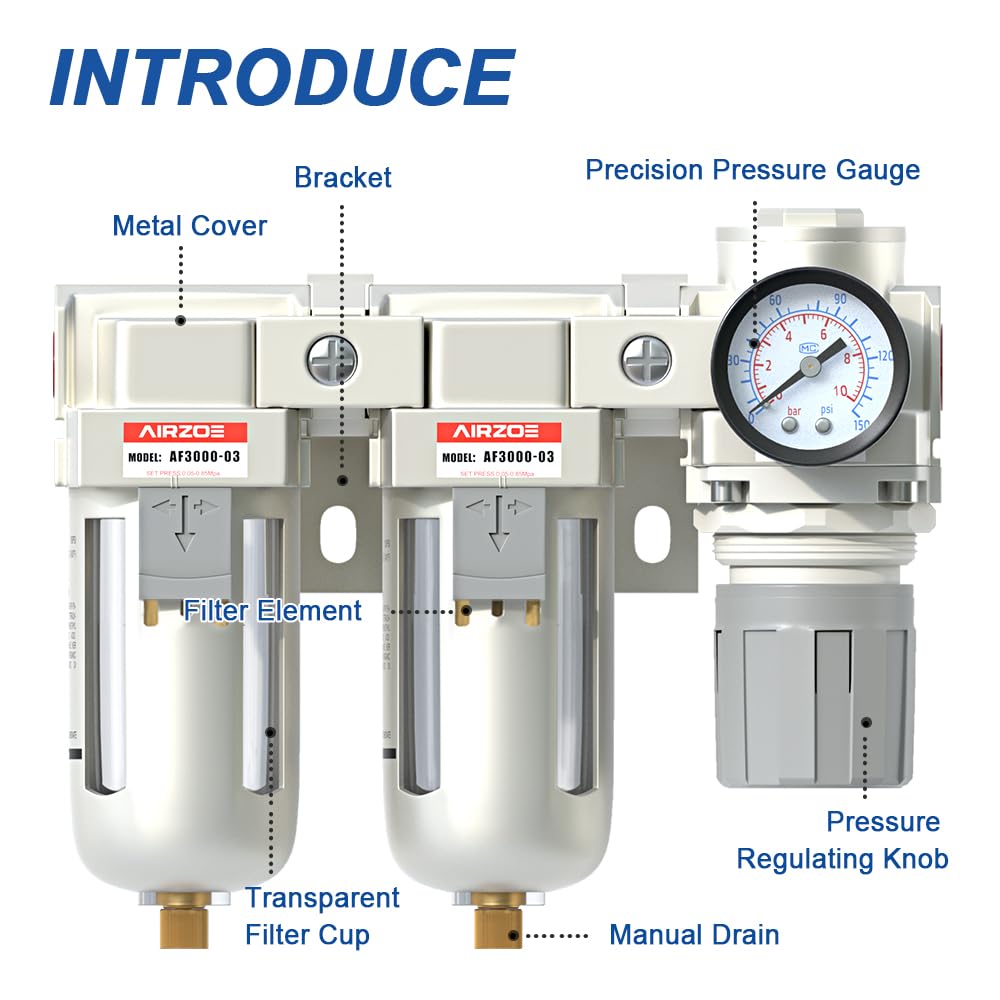 AIRZOE 3/8" NPT Air Dryer for Compressor-Air Compressor Water Separator AC3110-03,Double Air Compressor Filter,Air Pressure Regulator Combo,5 Micron Brass Element,Semi-Auto Drain,0-145 psi Gauge — Amazon image 3