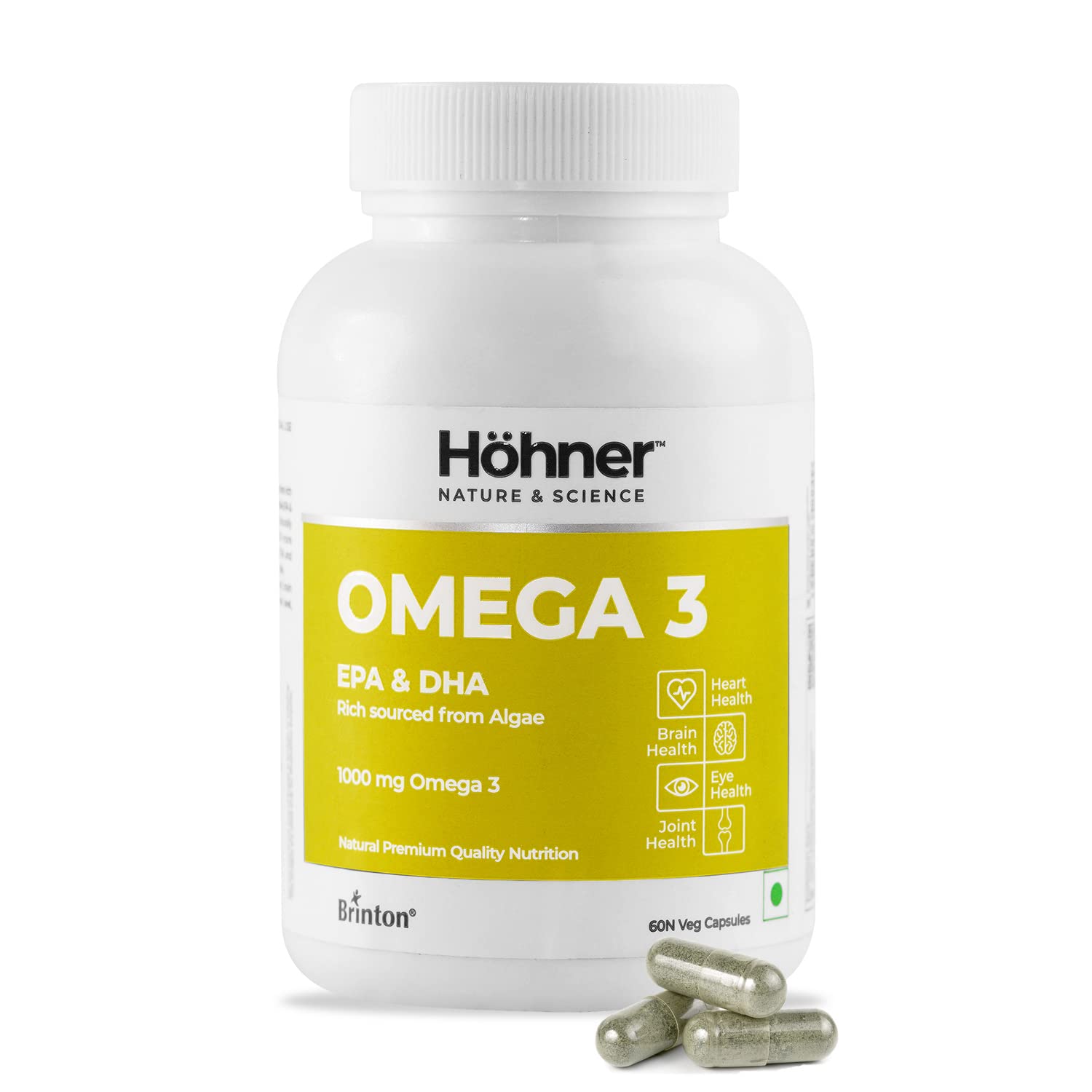 Hohner Omega 3 Veg, EPA and DHA Rich Sourced from Green Algae 1000mg | 60 Veg Capsules Health Supplement for Brain, Heart, Eye, Joint
