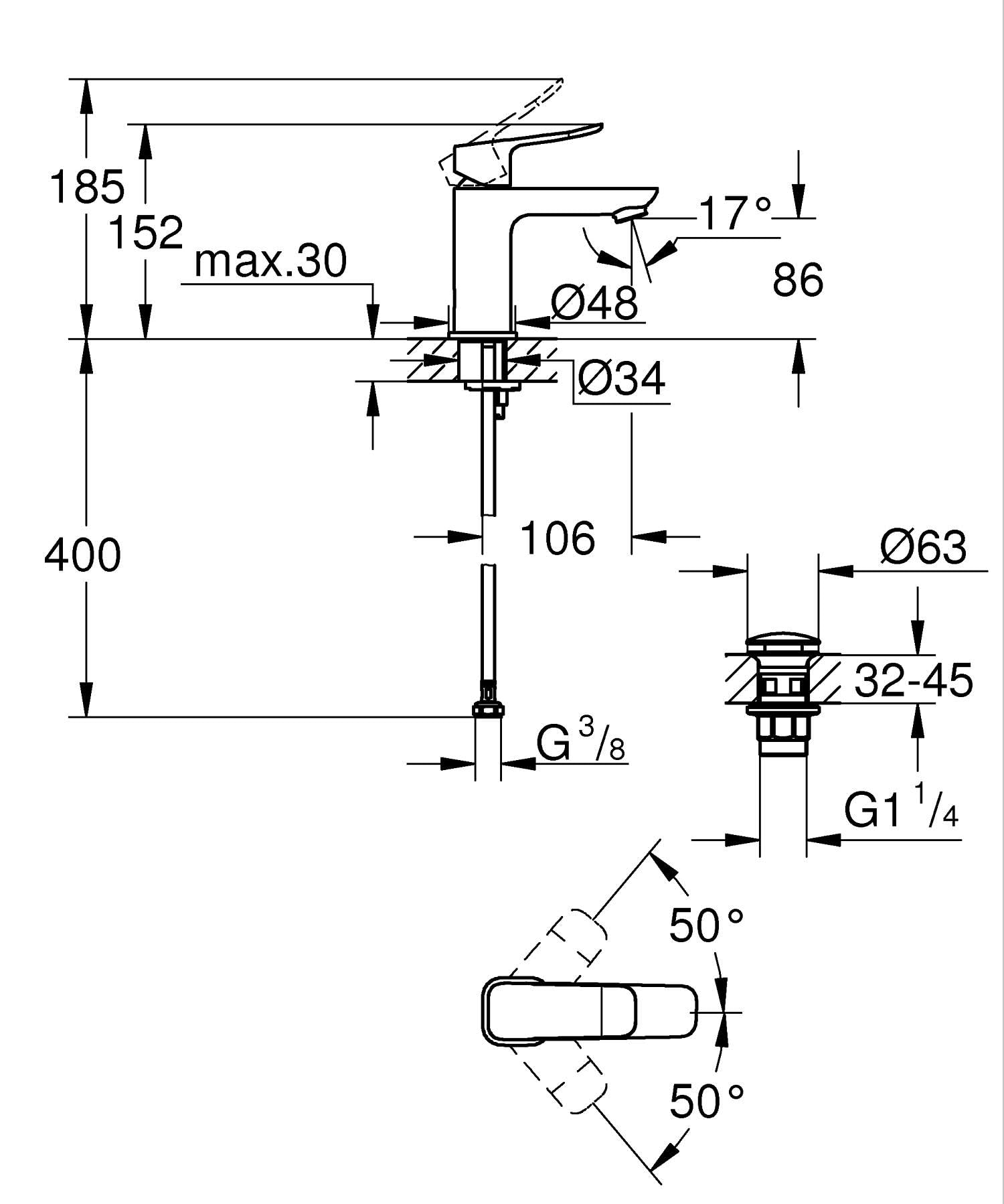 GROHE Dice Mitigeur monocommande Lavabo Taille S (Robinet pour Lavabo de Salle de bain, Avec bonde clic clac, facile à installer avec QuickTool inclus, Economie d'eau), Noir Mat, 1018572430