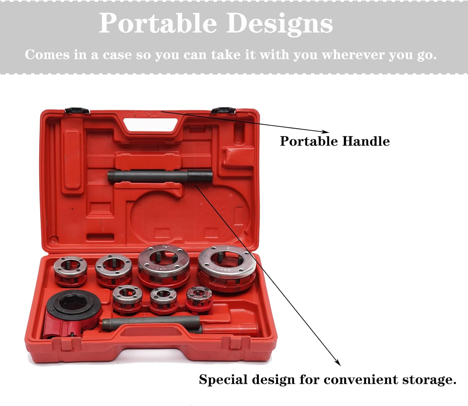 Ratchet Pipe Threader Kit, Ratcheting Pipe Threading Tool Set with 7 Dies- 3/8", 1/2", 3/4",1", 1-1/4", 1-1/2", 2" & Storage Case