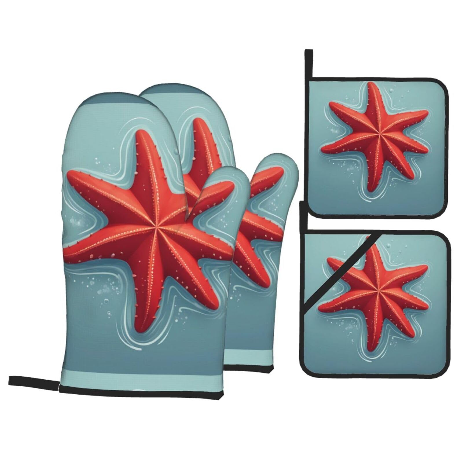 HJFCZH Red Starfish Picture Kitchen Baking Set of 4 Thick Insulated Oven Mitt & Pot Holders, Anti-Scalding for Microwave, Oven, Outdoor BBQ