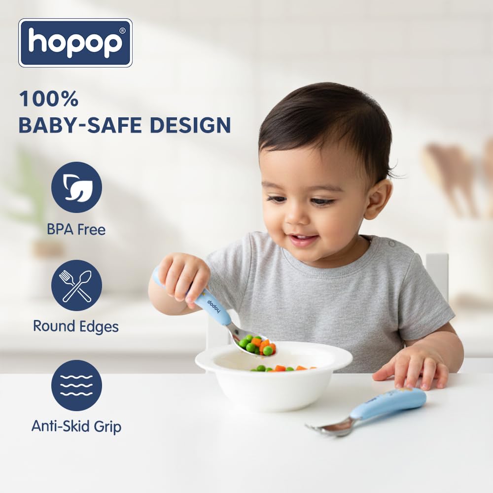 Hopop Stainless Steel Baby Feeding Spoon and Fork Set | Baby Cutlery Set | Self Feeding Spoon & Fork Set with Travel Case for Kids | BPA Free | Green 2