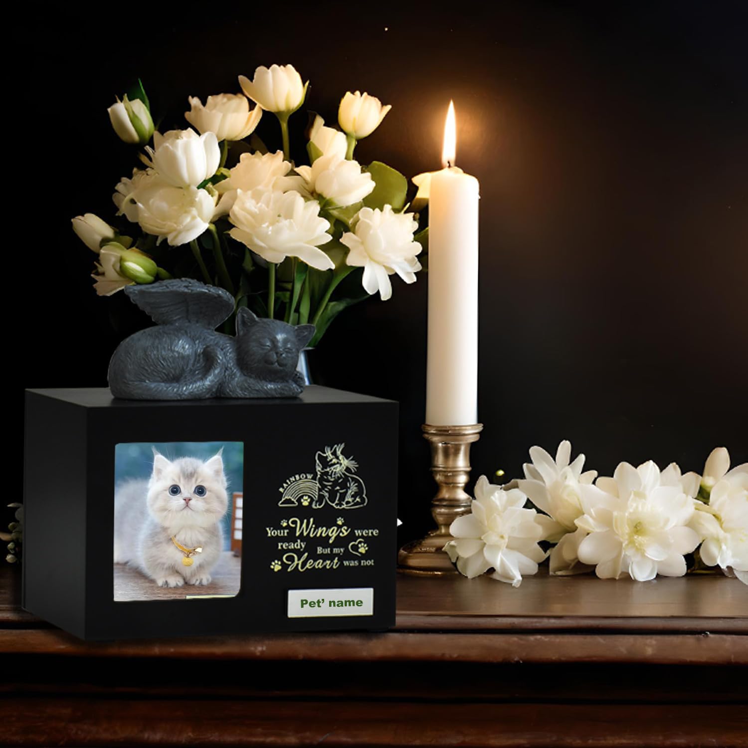 Urne per gatti personalizzate di woodurn in legno nero con foto, scatola per ceneri di animali domestici con capacità di 175 pollici cubi