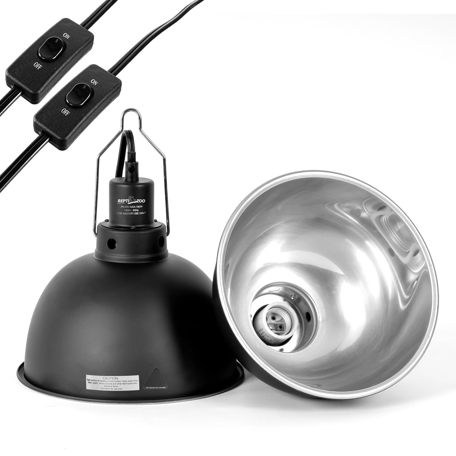 REPTI ZOO Reptile Light Fixture 2 Pack, 8.5inch Deep Dome Reptile Heat Lamp with Separate Switch and Hook, Basking Light Fixture for Bearded Dragon Snake Lizard, Suitable for E26 Bulbs Up to 150W