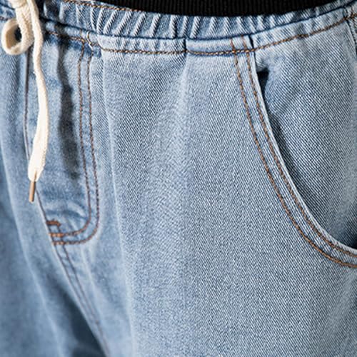 Men’s Casual Demin Pants Drawstring Elastic Waist Loose Fit Denim Pants Solid Washed Jeans Trousers with Pockets4