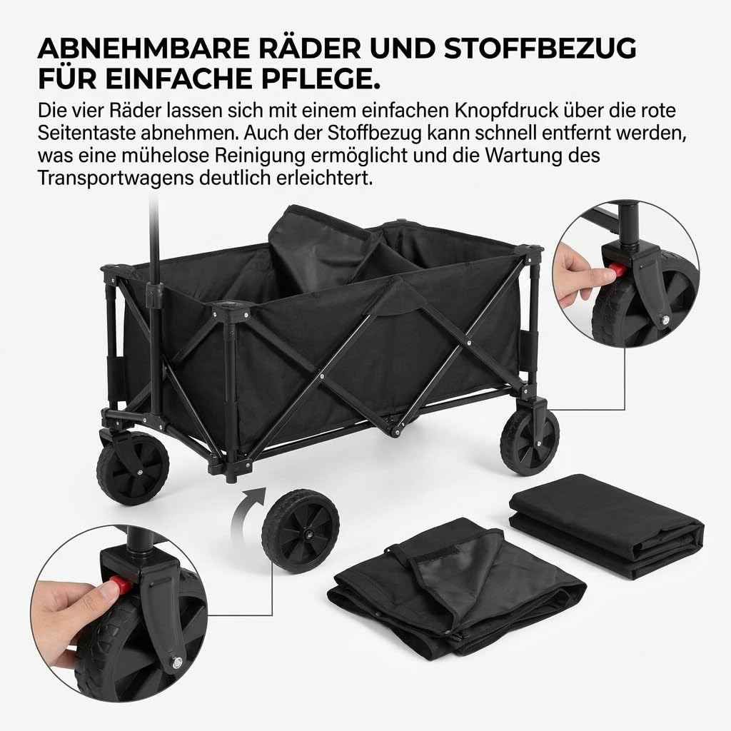 Faltbarer Bollerwagen mit Rädern Leichter Tragbarer Handwagen aus Stahl für Garten Camping Einkaufen Sport Strand Outdoor Transportwagen mit Großer Kapazität und Abnehmbarem Design Schwarz