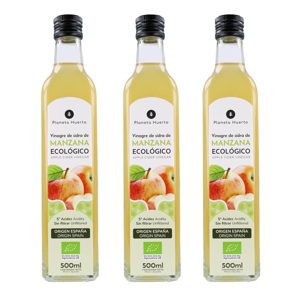 PLANETA HUERTO Pack 3x Vinagre de Sidra de Manzana Sin Filtrar ECO 500 ml