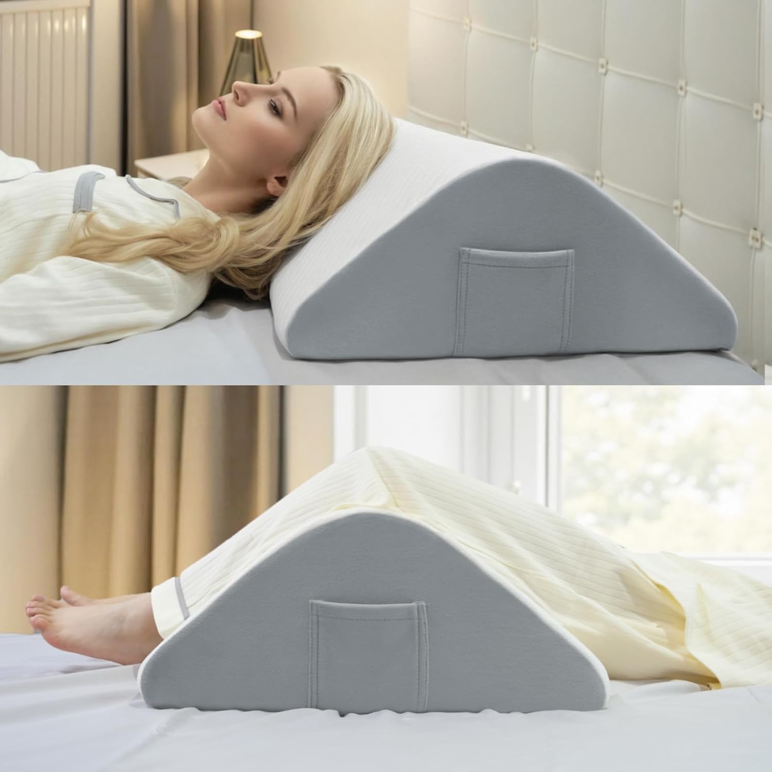 Memory Foam Knee Pillow, Quilted White Cover with Gray Base, Orthopedic Support