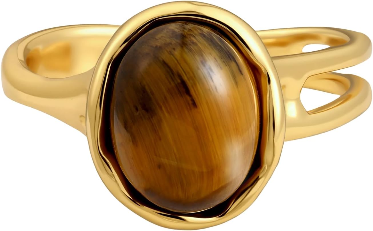 14K Gold Plated Tiger Eye Open Ring Vintage Adjustable Rings for Women Brown Jewelry