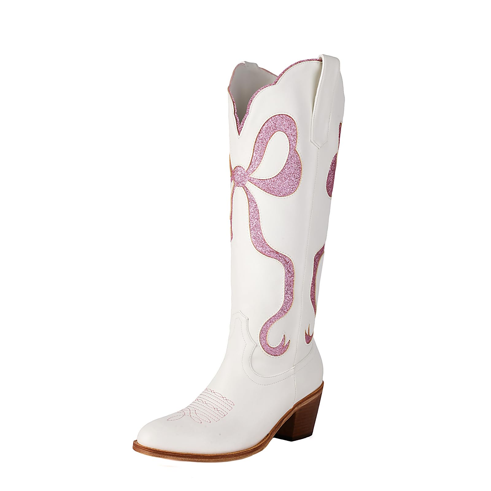 Womens White Cowgirl Boots with Bow Knee High Cowboy Boots Almond Round Toe Chunky Heel Embroidered Western Cowboy