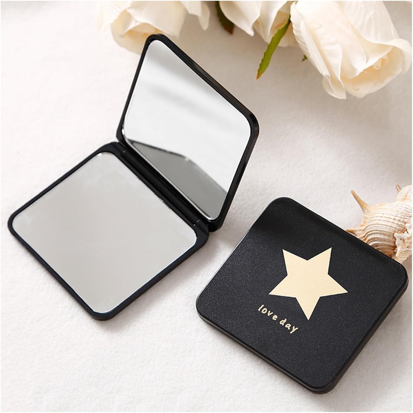 Compact Mirror for Women Girls Pocket Mirror for Women Magnifying Makeup Mirrors for Womens, White Double-Sided Travel Makeup Mirror for Handbag Purse Wallet (Black, Star)-image-43