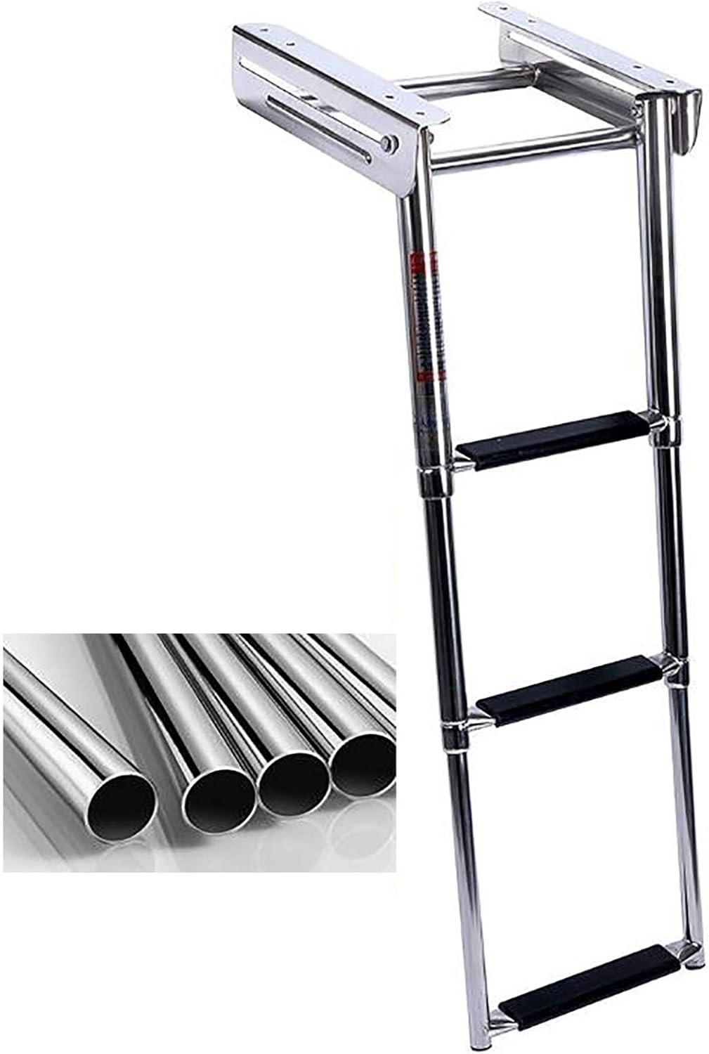 3 Step Folding Under Platform Sliding Ladder Boat Boarding Ladder, Portable Pontoon Outboard Boat Ladders, Stainless Steel Telescopic Marine Drop Boat Ladder