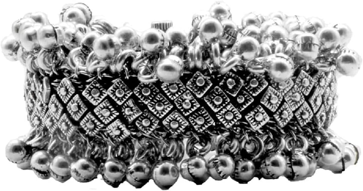 saissa Silver Plated Oxidized Metal Ghungroo Flexible Indian Boho Bracelet Jewelry for Girls and Women