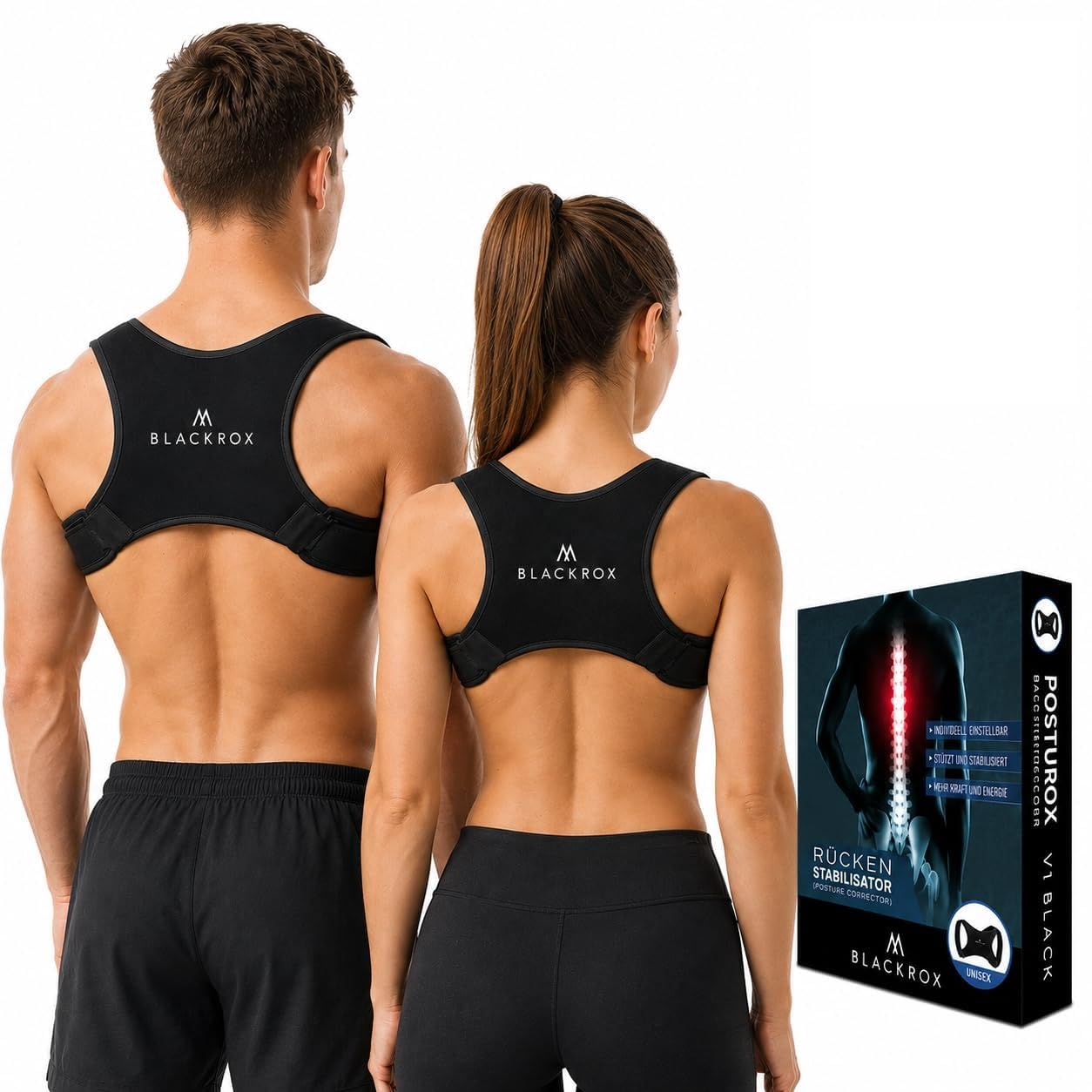 Blackrox Rückenstabilisator Vergleichssieger Haltungskorrektur für Schulter & Rücken Geradehalter Verstellbare Größe Damen Herren, Schwarz, one size