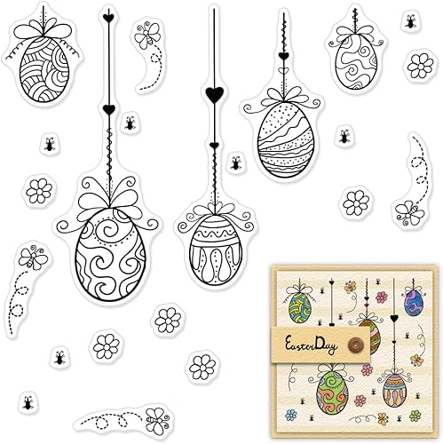 Globos de huevo de Pascua, sellos transparentes para hacer tarjetas, huevos de Pascua, flores de mariposa, insectos, sellos de goma transparente