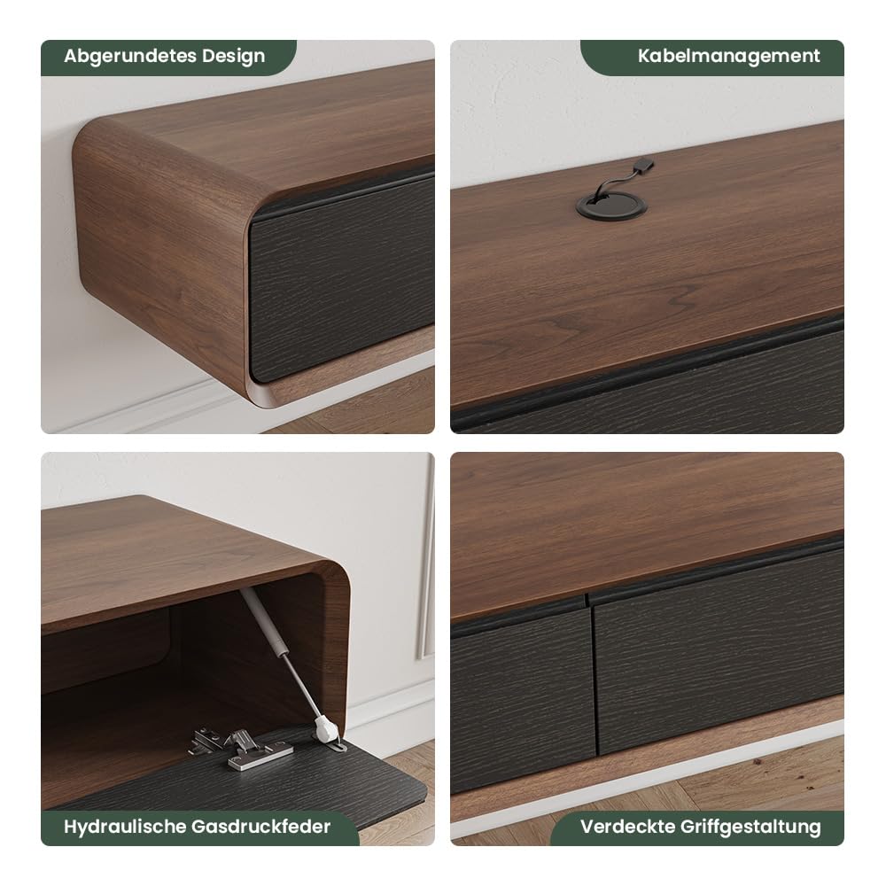 POVISON TV Schrank Schwebend 240cm mit LED Modern Schwarz & Walnussholz