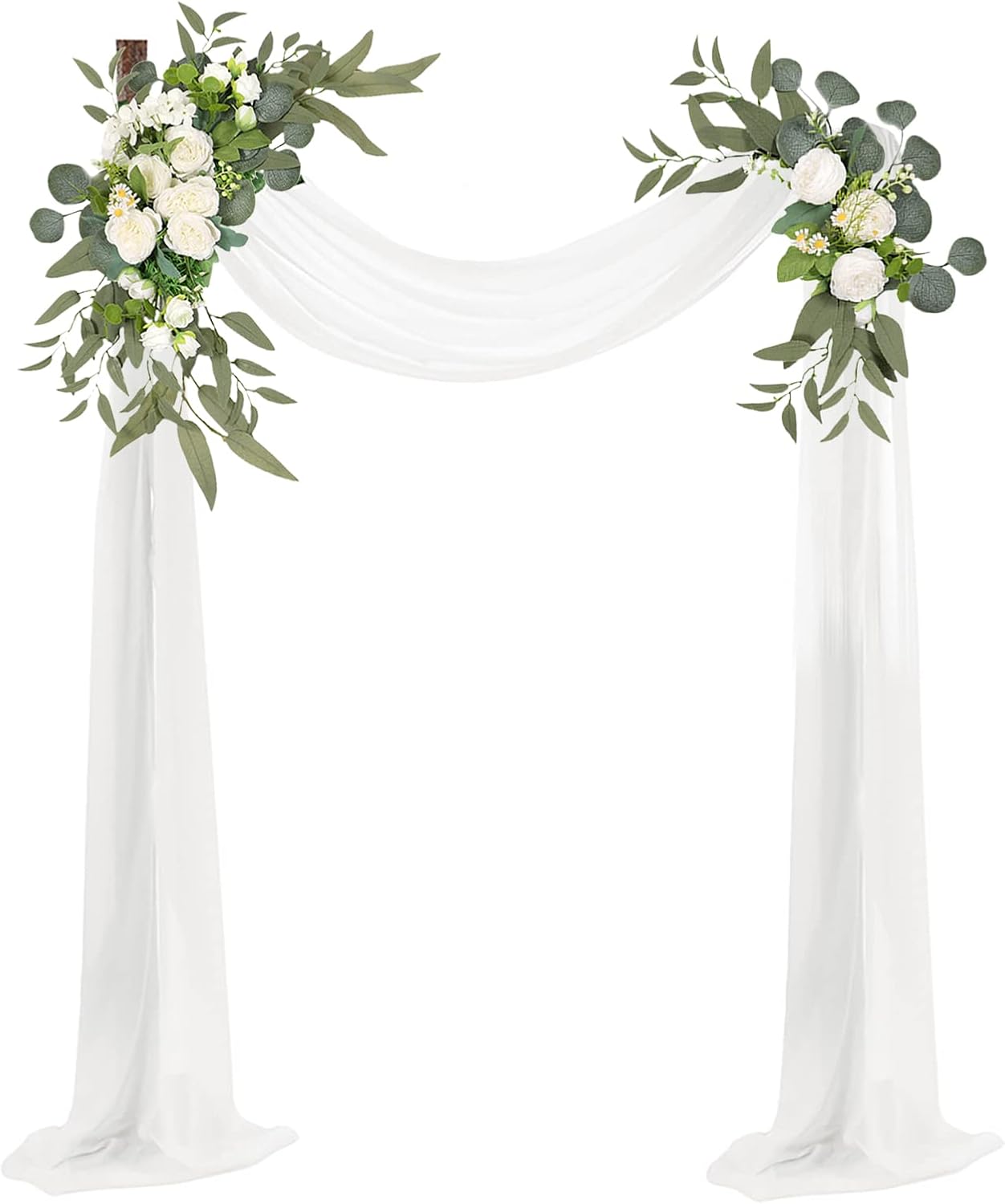 Firlar Artificial Wedding Arch Flower Kit (Set of 3), 2Pcs Artificial Flower Arch Swags with 1Pcs White Draping Fabric for Wedding Ceremony and Reception Backdrop Decoration, White 4