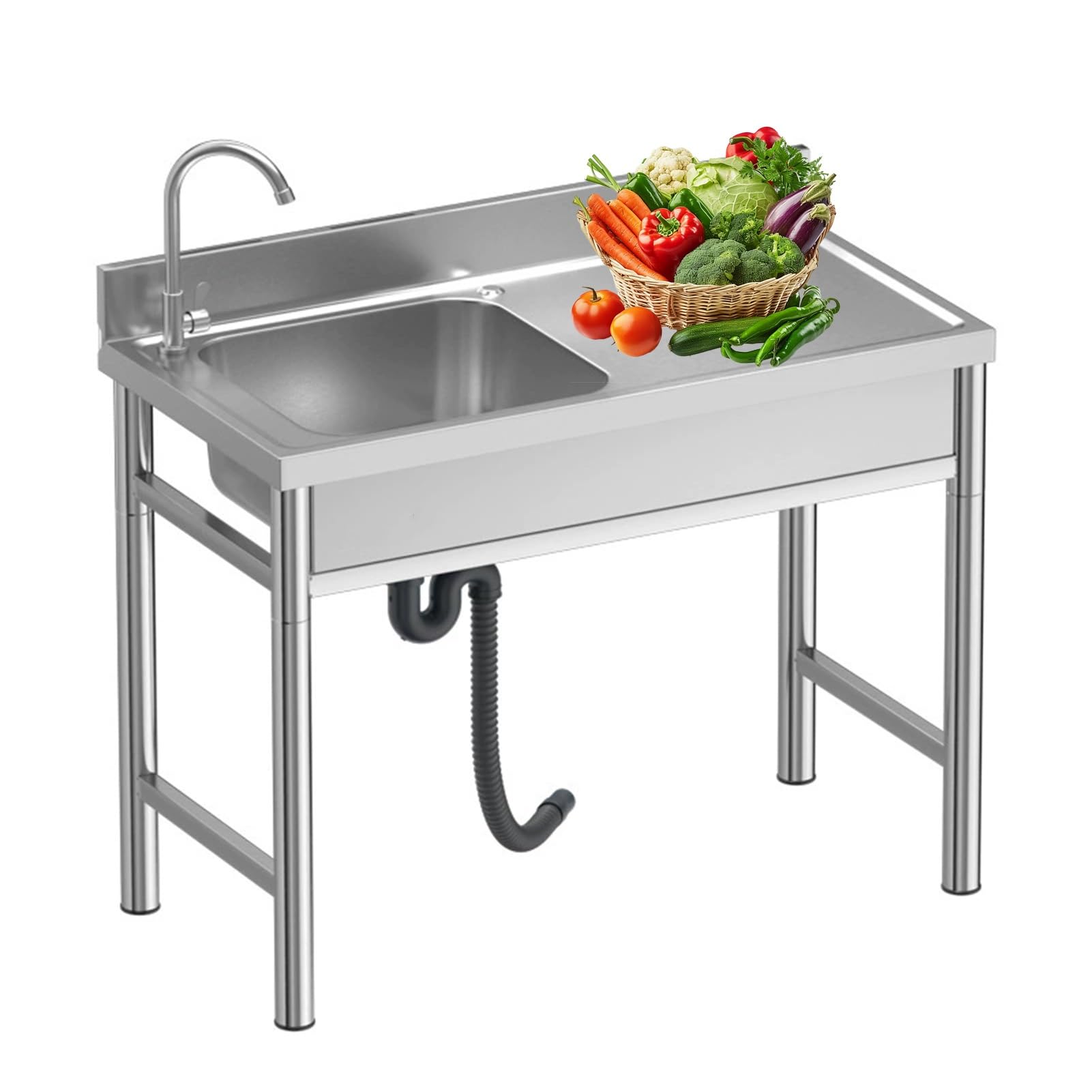 HCZKIUJY Kitchen Utility Sink,Freestanding Stainless Steel Utility Sink, Commercial Restaurant Kitchen Sink with Faucet for Laundry, Garage, Backyard, Industrial (Silver-80x50x75cm)