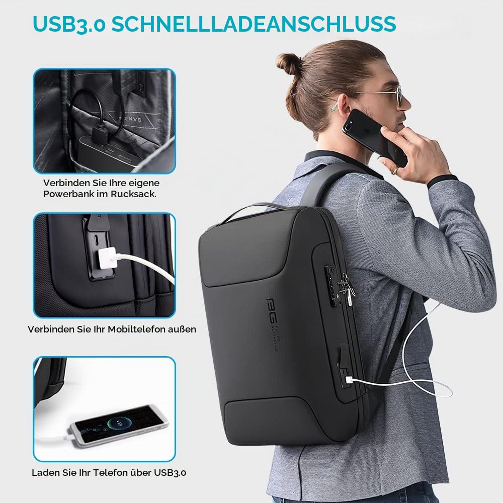 BANGE Anti-Diebstahl-Rucksack mit USB-Ladeanschluss, leichter Business-Rucksack für Damen und Herren, Schwarz (Upgrade) All
