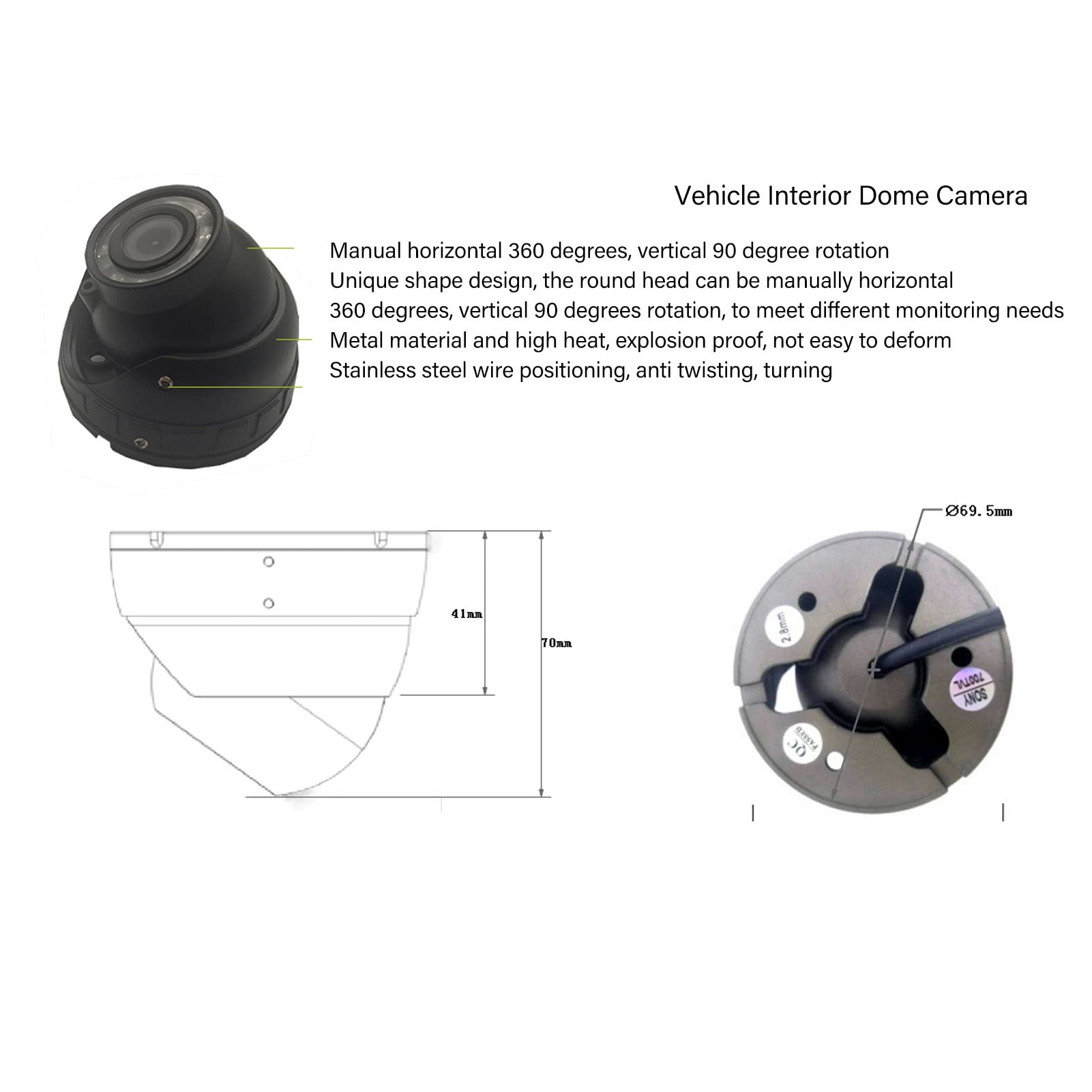 Vehicle Interior Dome Camera, Flexible Adjust Bus Monitor Kit for RV (720P)