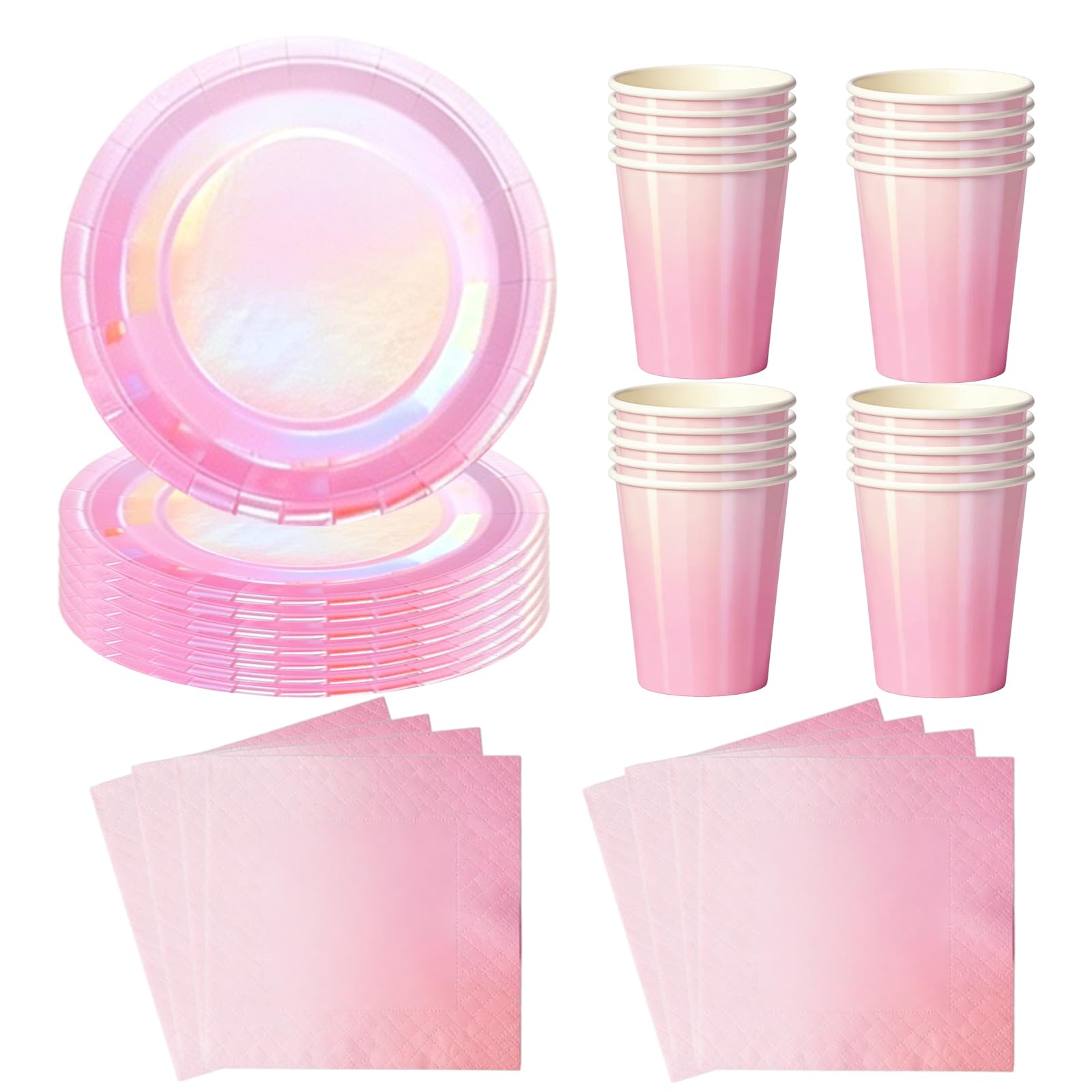 60pcs Holographic Laser Pink Party Tableware Set,Shiny Laser Pink Disposable Dinnerware Paper Plates Cups and Napkins Kit for Birthday,Picnic,Baby Shower Party Supplies Table Decorations