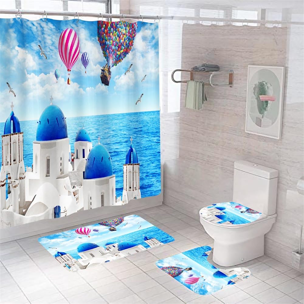 Alfombra Baño Casa Blanca Azul Juego De 4 Alfombras Lavable,Secado Rapido - Baño*1+Tapa del Inodoro*1+ Alfombra*1 Tipo U+Cortinas 180X180 45X75Cm