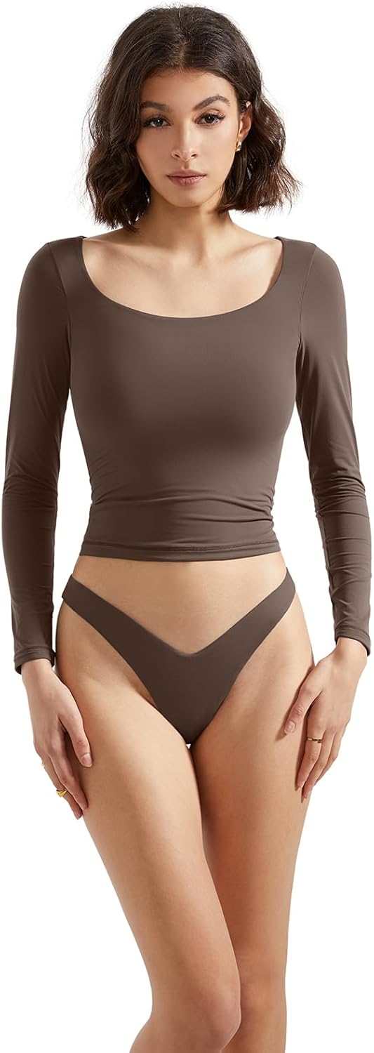 SUUKSESS Women Double Lined Fitted Basic T Shirts Scoop Neck Long Sleeve Crop Top - Image 2