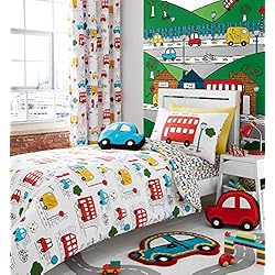 Funda Nordica Infantil Coches Catherine Lansfield - Juego de Funda de edredón para Cama Individual, con diseño de transportes, fácil Cuidado