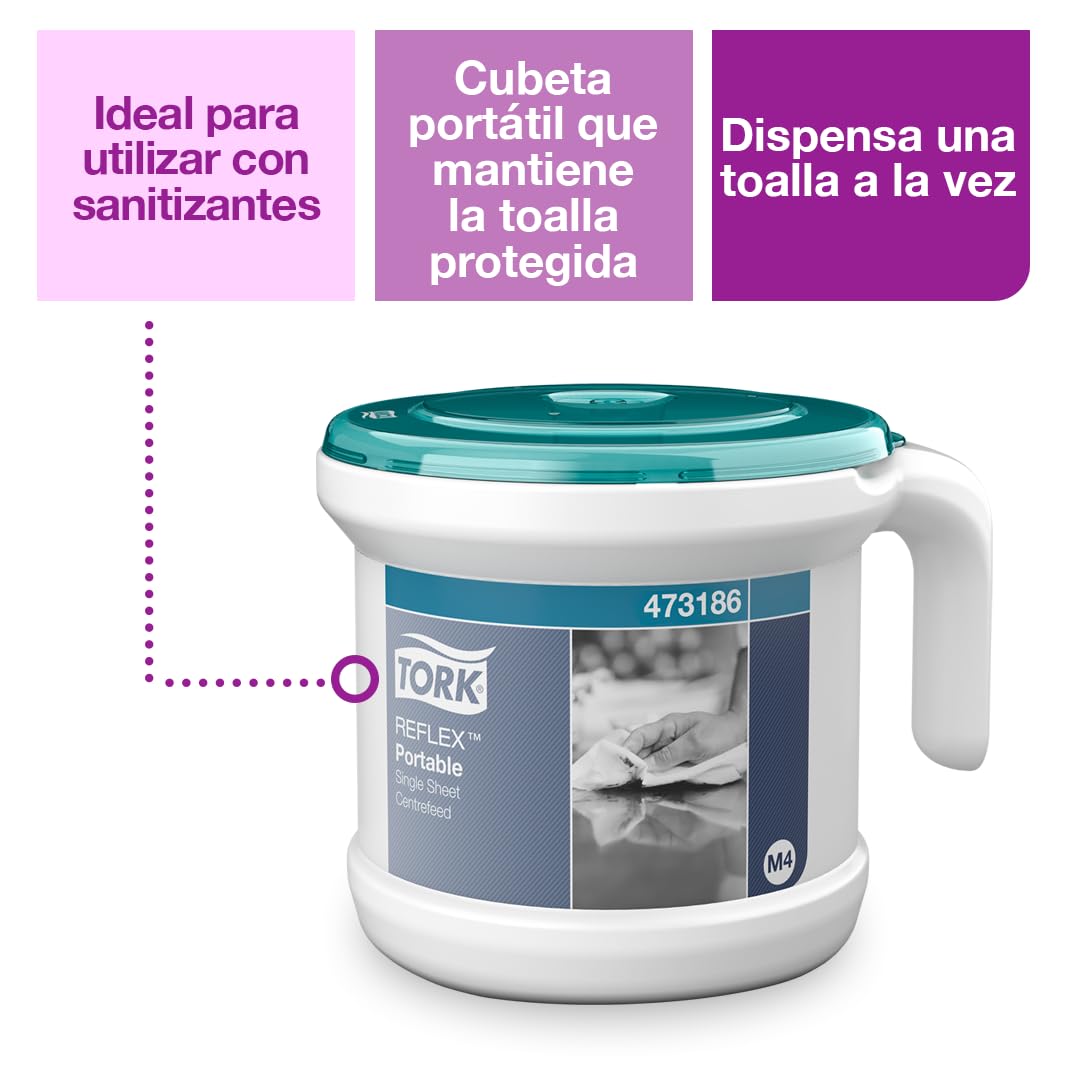 Tork Reflex Portable Starter Pack Toalla de papel de alimentación central y dispensadorBlancoo y turquesa M4, diseño robusto, 1 paquete, 473186 + recambio de papel de limpieza (1 unidad)