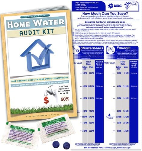 Home Water Audit Kit - Faucet Flow Gauge Measuring Bag & Toilet Leak Detecting Tablets. Water Saving for Shower and Faucet | Dye Tablets for Silent Bathroom Toilet Leaks.