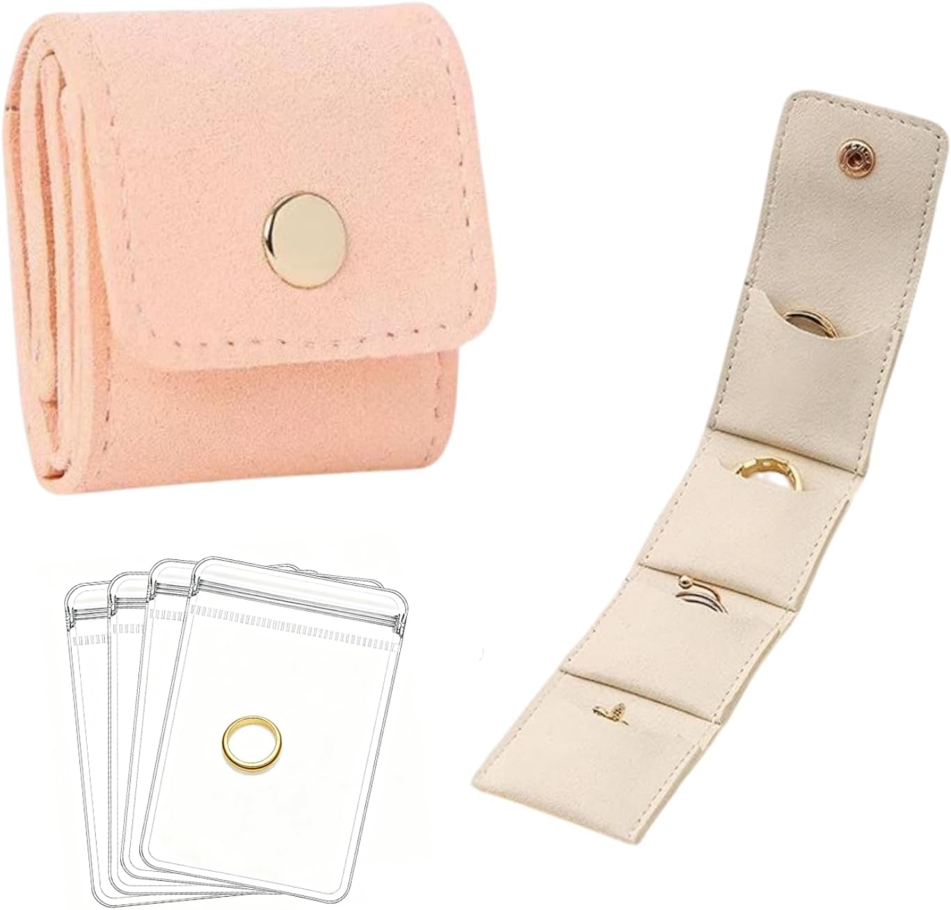 Mini Travel Jewelry Bag,Mini Jewelry Pouch,Protable travel Jewelry Storage Organizer Case,Small Jewelry Storage Roll with Buckle for Earrings,Rings,Necklaces (Pink+Gray+Off-white, 3Pcs)