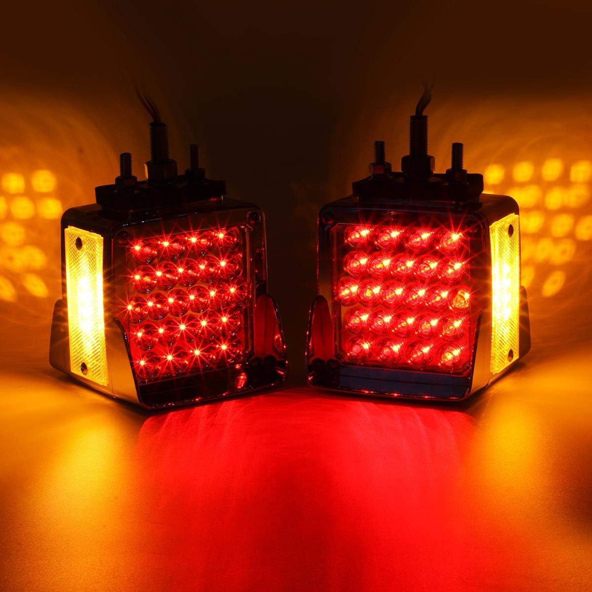 2Pack Double Face Square LED Fender Pedestal Lights Amber/Red 52 LED 3 Studs Mount Truck Trailer Stop Tail Turn Signal Lights Chrome Visor Waterproof w/Side Reflex Clear Lens