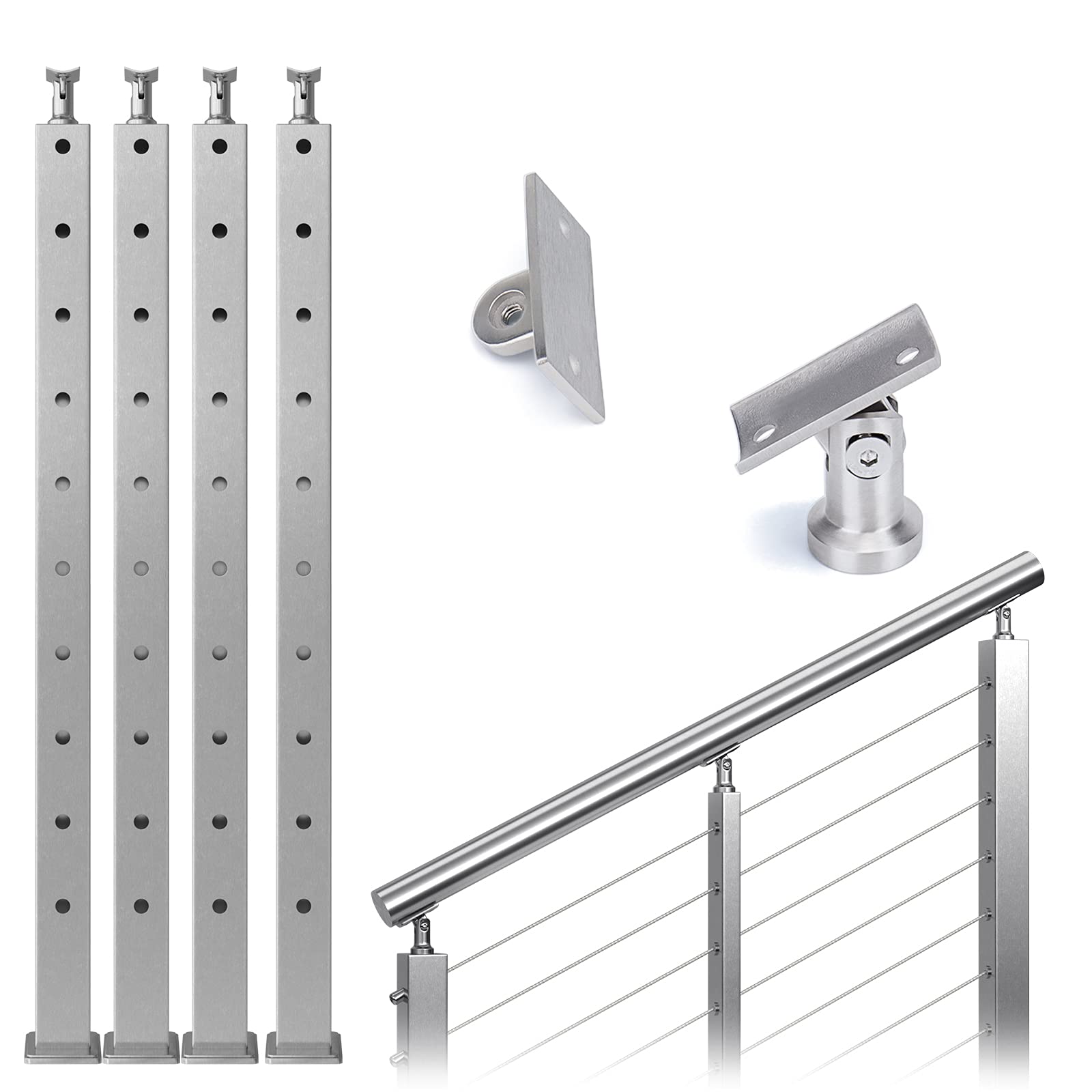 Muzata 4Pack 30°-drilled Stair Post 36"x2"x2 Adjustable Top Cable Railing Post Angle Line Post Top Mount Stainless Steel Brushed Finish Wood Concrete Deck, PS01 LA4S