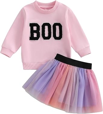 Karuedoo Toddler Baby Girl Halloween Outfit Boo Embroidery Crewneck Sweatshirt Tulle Tutu Skirt Set Cute Kids Fall Clothes