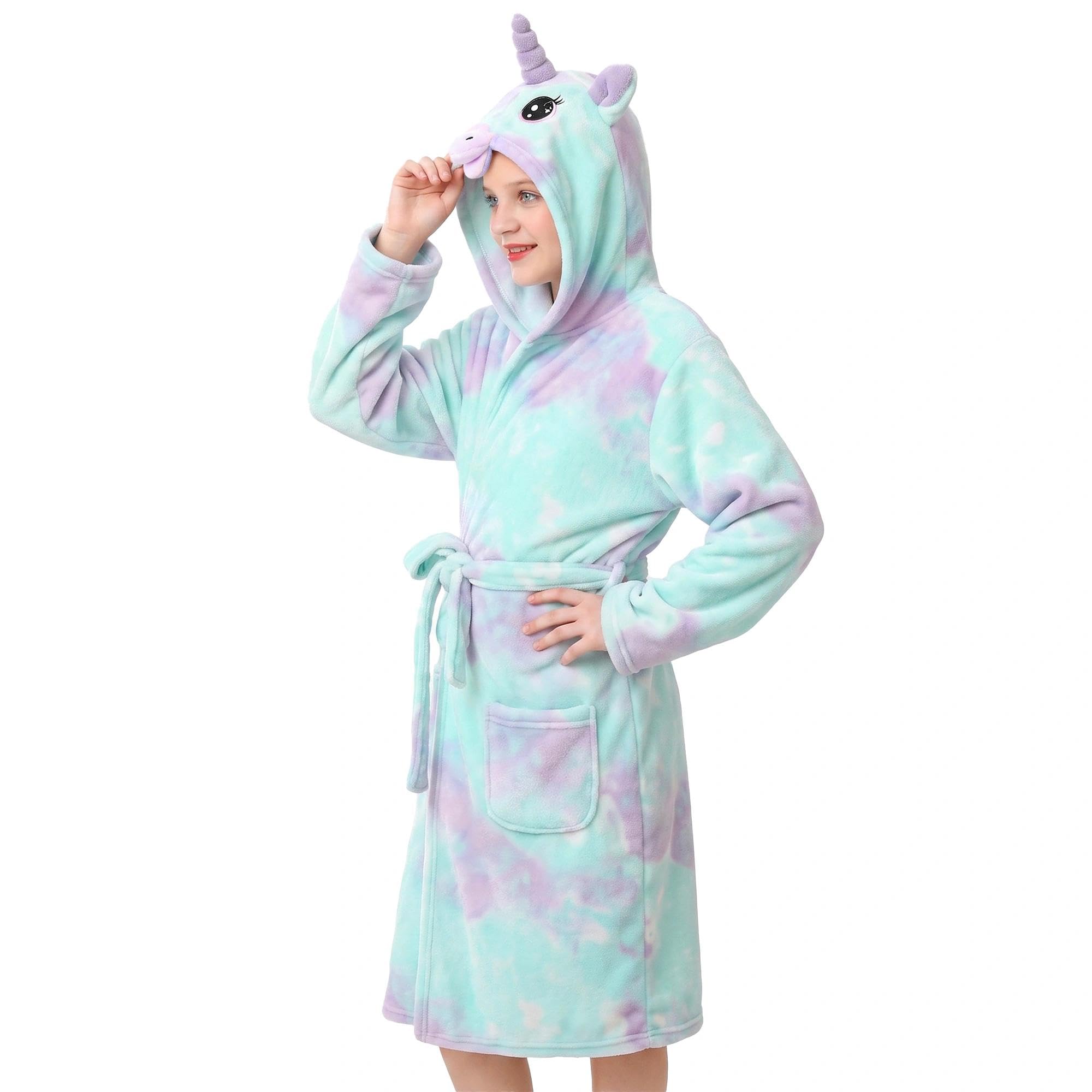 V.&amp;GRIN Girls Fleece Hooded Robe, Soft Unicorn Bathrobe for Kids 5-14 Years