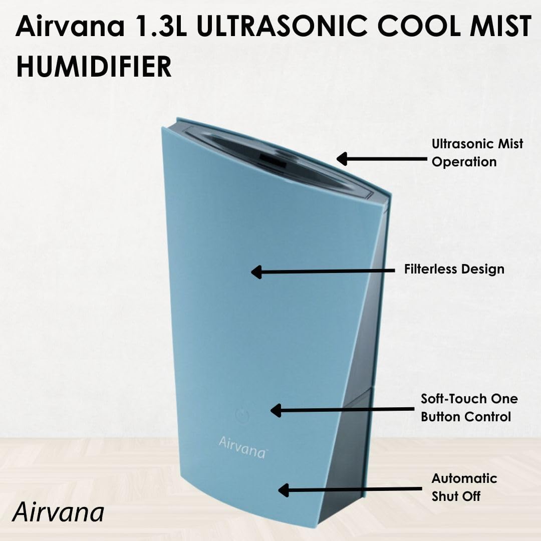 Airvana AV450HUM Humidifier with features labeled: Ultrasonic Mist Operation, Filterless Design, Soft-Touch One Button Control, Automatic Shut Off