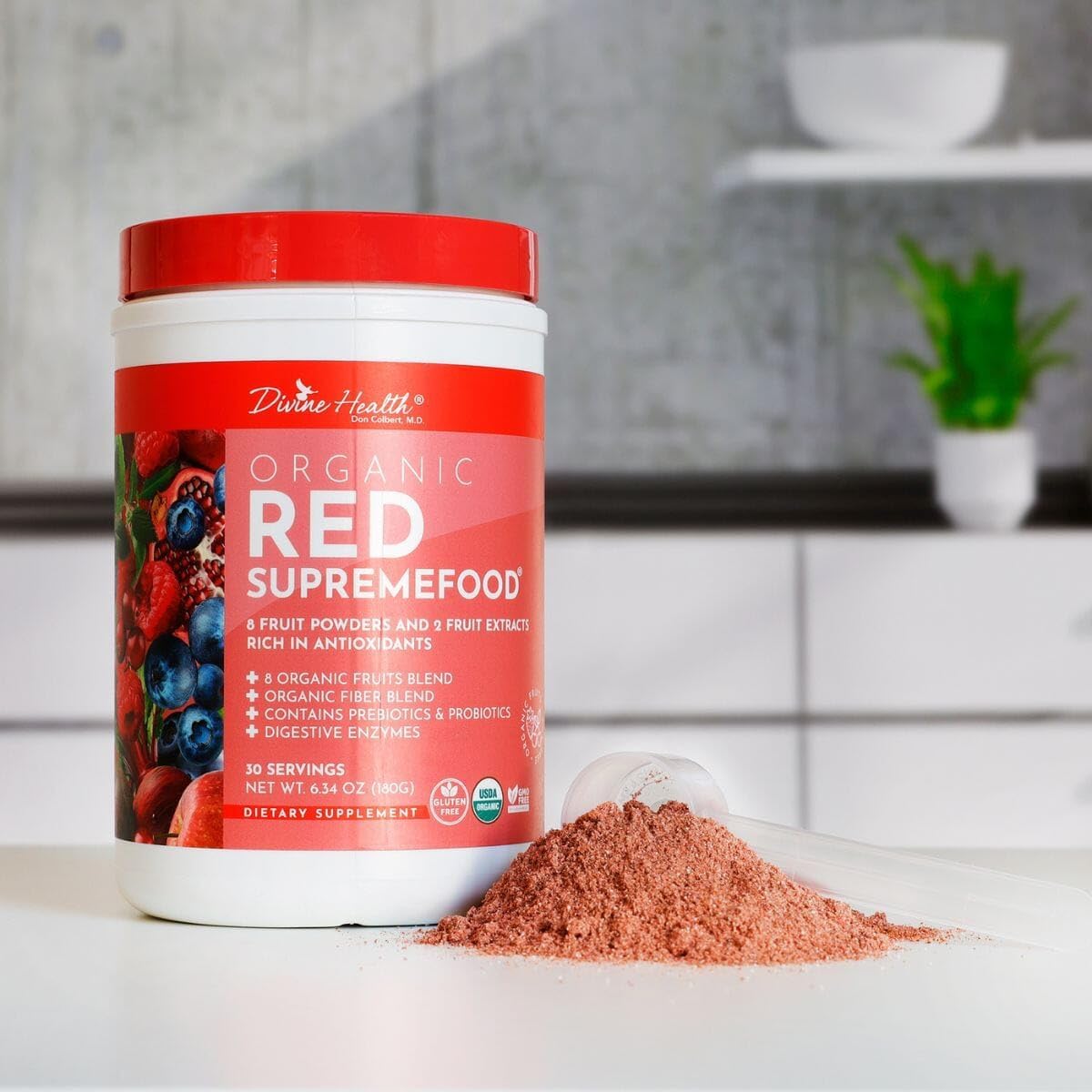 Dr. Colbert, MD Organic Red Supremefood | Berry Flavored Blend | by Divine Health | 10 Organic Fruits | Probiotics | Enzymes | Herbs | Fiber | Antioxidants | Non-GMO | 30 Day Supply | 180g
