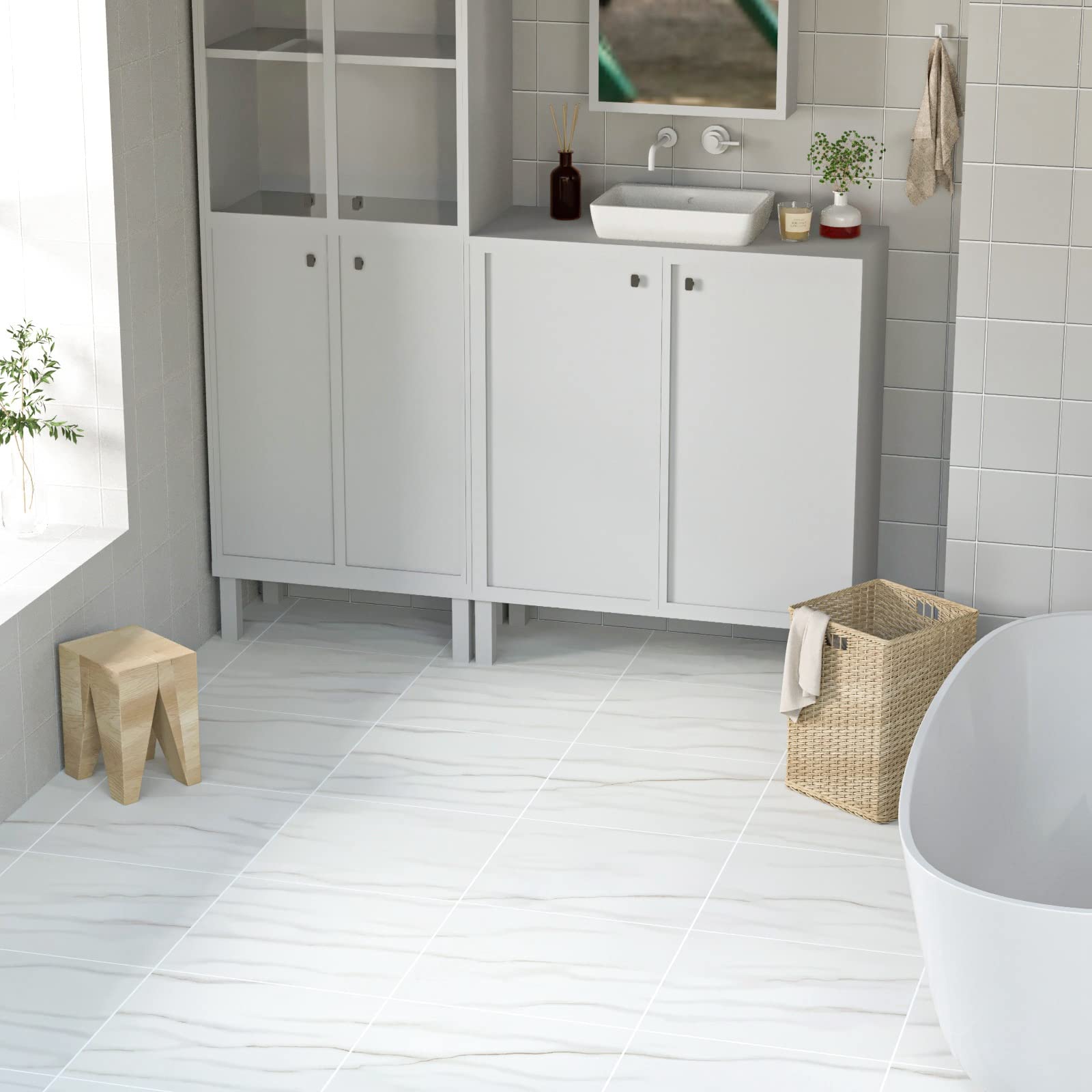 Homease Suelo de PVC autoadhesivo con efecto mármol, suelo de vinilo, antideslizante, impermeable, cortable, aspecto de azulejos, para cocina, salón, balcón, color blanco mate, 50 azulejos, 4,5 m²