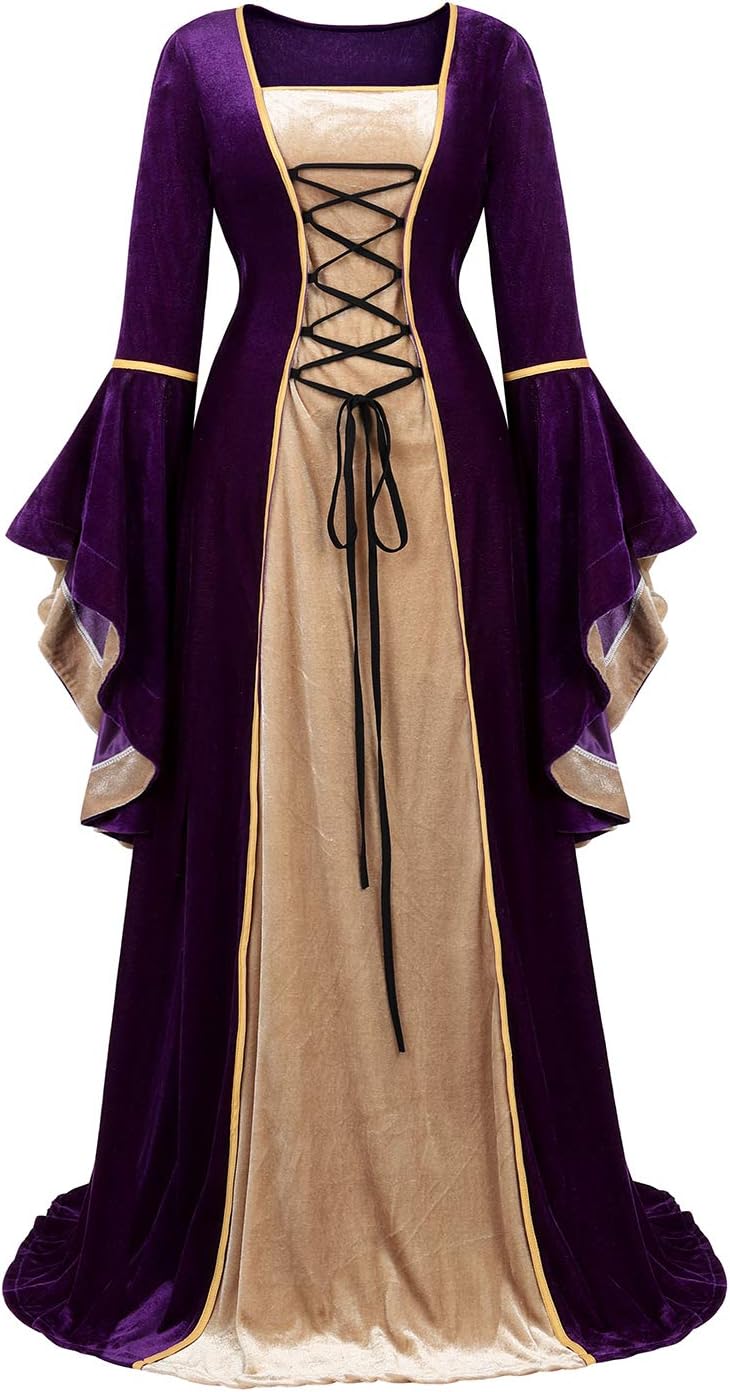Haorugut Renaissance Costume Women Medieval Dresses Velvet Lace Up Irish Dress Faire Costumes Purple M