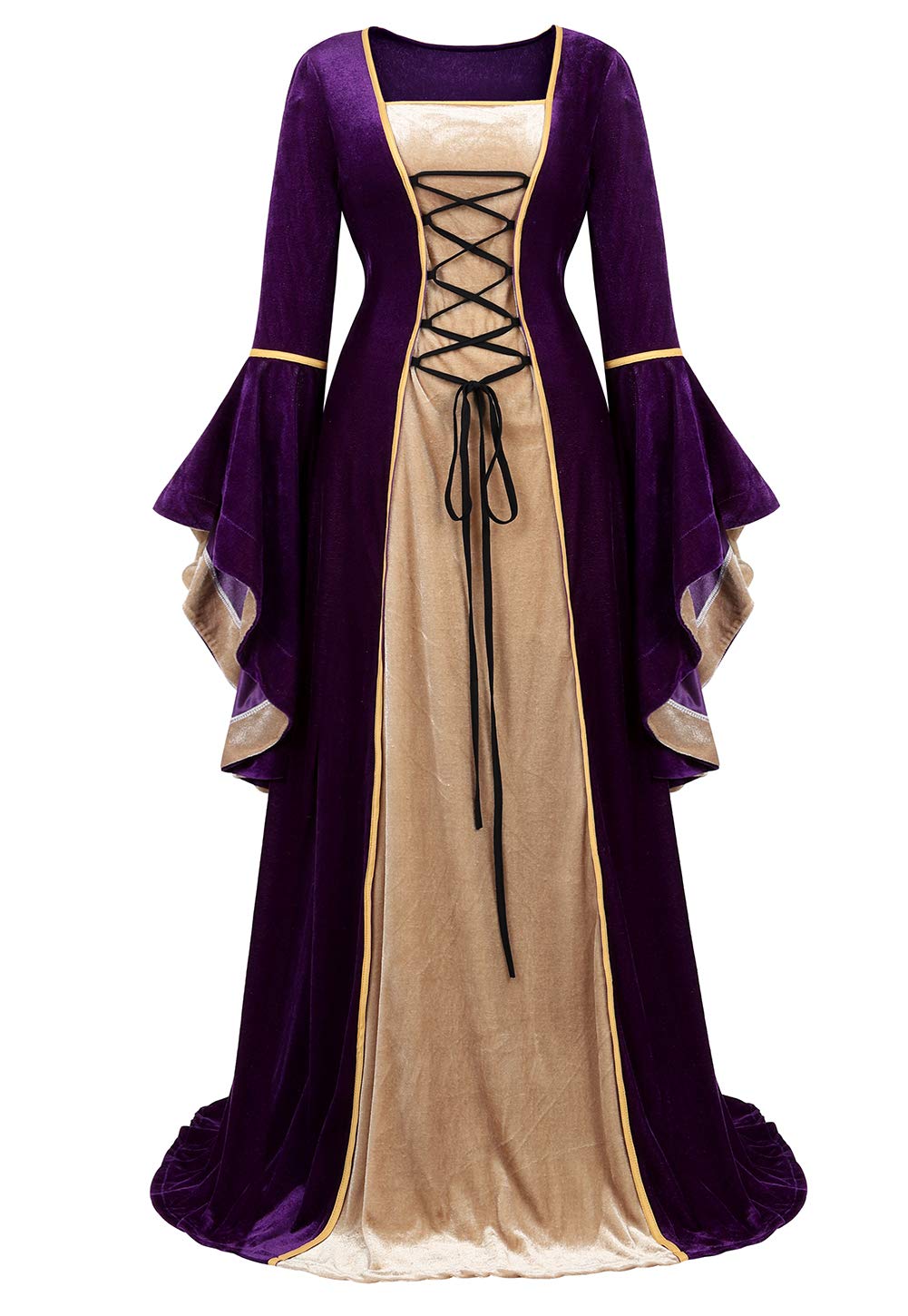 Haorugut Renaissance Costume Women Medieval Dresses Velvet Lace Up Irish Dress Faire Costumes Purple M