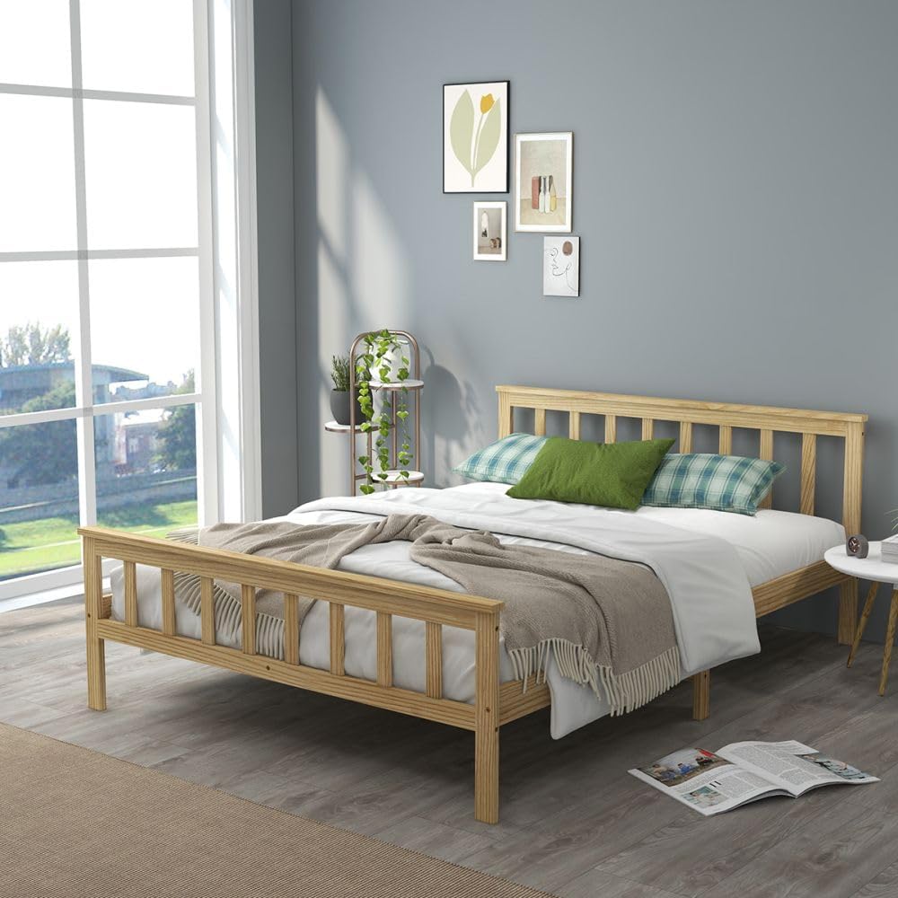 Panana Double Bed Frame Solid Pine Wood 4ft6 Wooden Bed Stable Bed with
