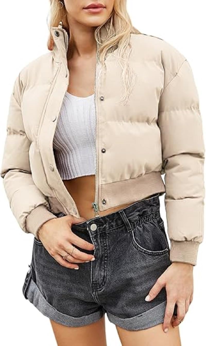Womens Cropped Puffer Jacket Zip Up Long Sleeve Stand Collar Winter Padded Coat Short Warm Outerwear
