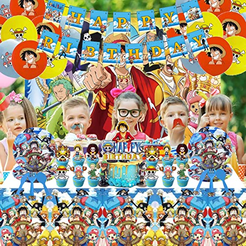 Anime Pirate Party Supplies Set For Kids Include Banner, Cake Topper, Tablecloth, Tableware, Backdrop, Plates, Latex Balloons, Anime Birthday Party Decorations Favors For Boys, Girls, And World Explorer Fans #TOP2