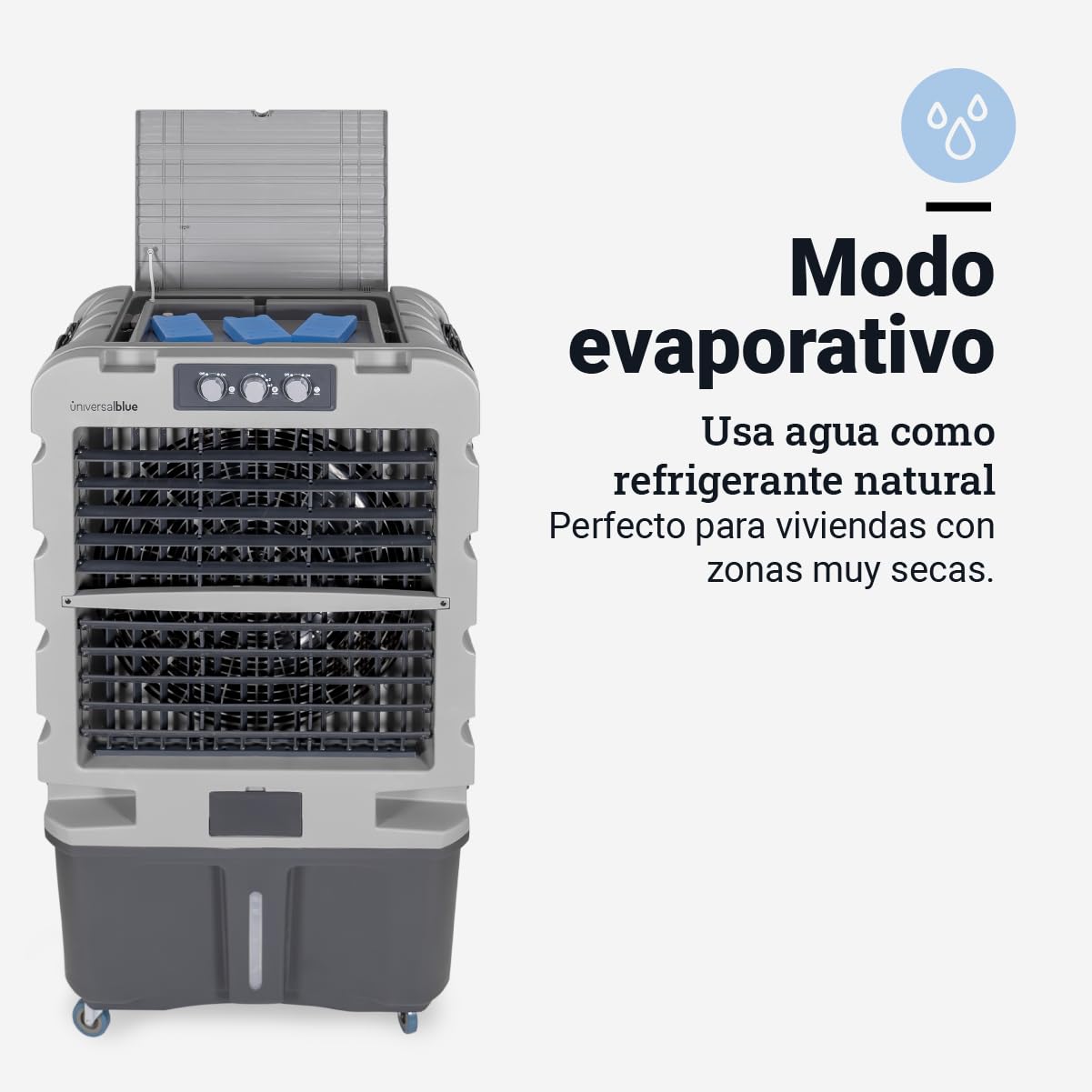 UNIVERSALBLUE Climatizador Evaporativo 120L, Caudal 10.000 m³/h, Cobertura 80 m², 350W, 3 Packs de Hielo, con Ruedas, Interiores y Exteriores, Almacenes