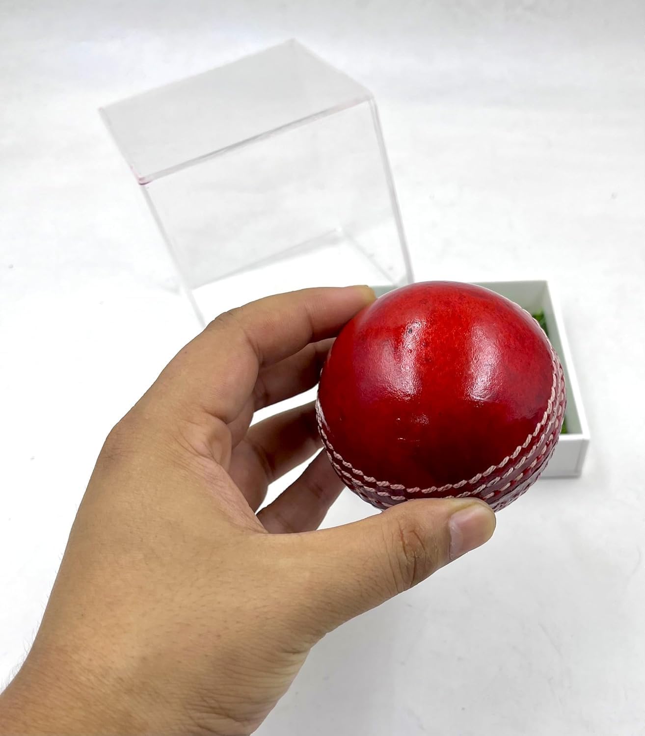 Personalized Leather Cricket Ball (Red), Standard Size 1Pc Your Text on Ball with Acrylic Display Box Water Resistant Suitable for Practice or tournamanent Game